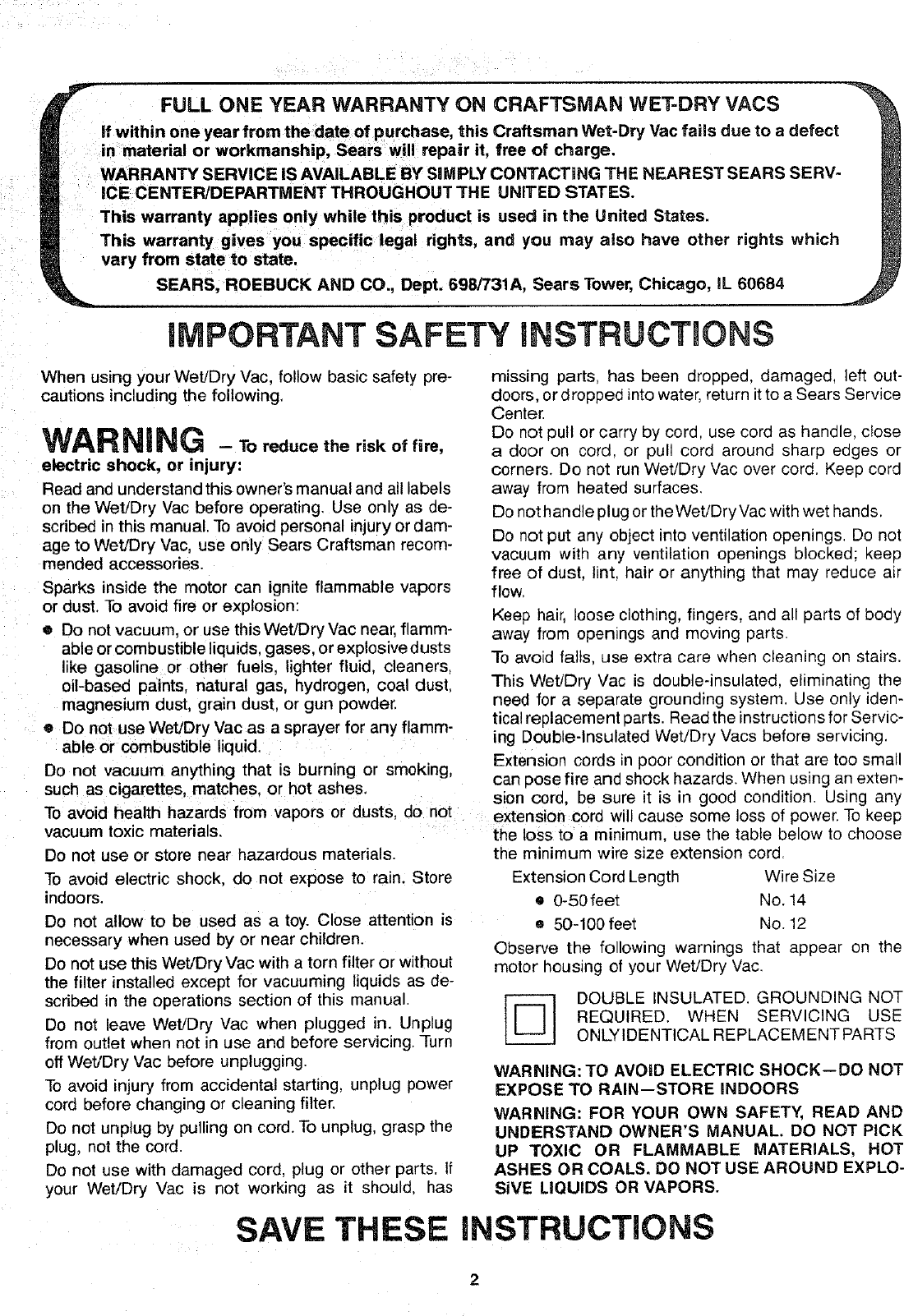 Page 2 of 12 - Craftsman 113179430 User Manual  8 GALLON WET/DRY VAC - Manuals And Guides L0801905