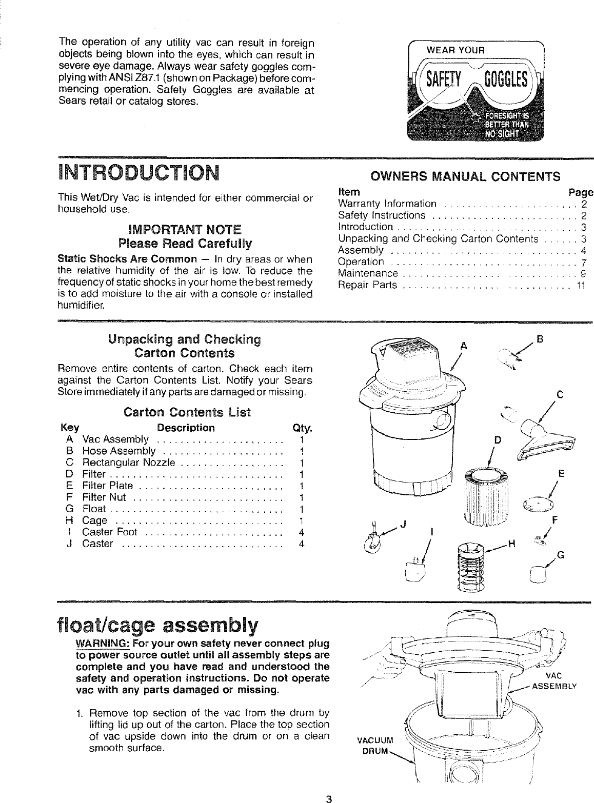 Page 3 of 12 - Craftsman 113179430 User Manual  8 GALLON WET/DRY VAC - Manuals And Guides L0801905
