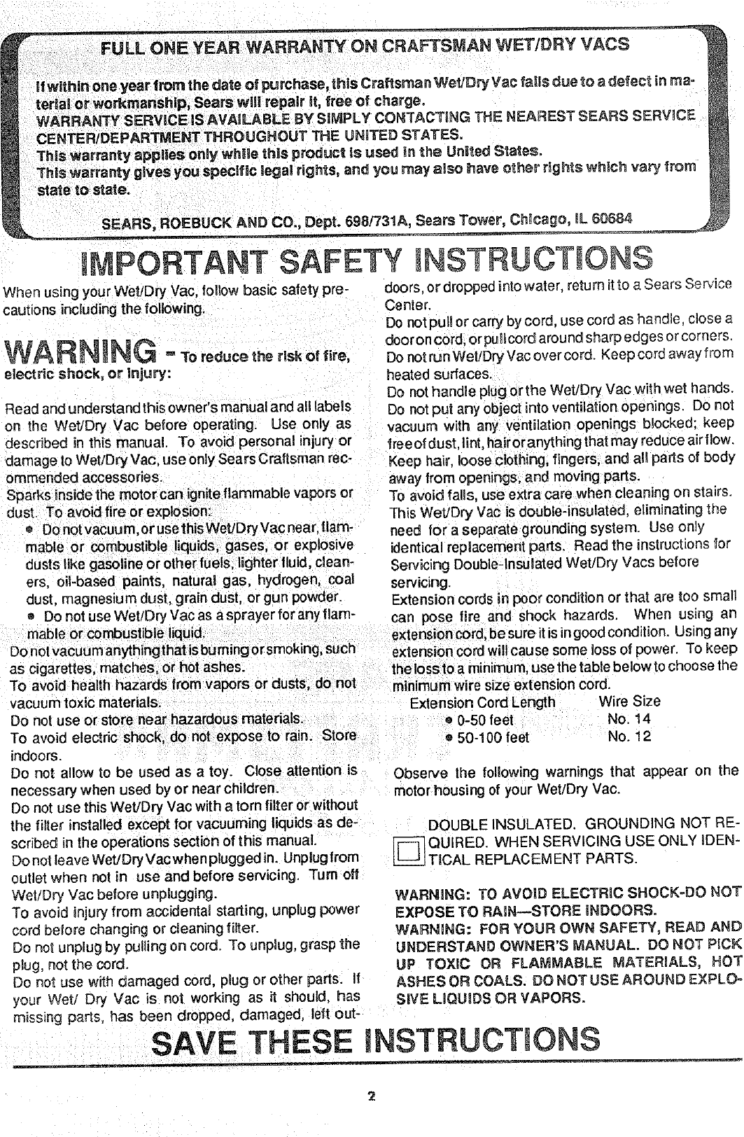 Page 2 of 12 - Craftsman 113179490 User Manual  16 GALLON ELECTRONIC WET-DRY VAC - Manuals And Guides L0801904