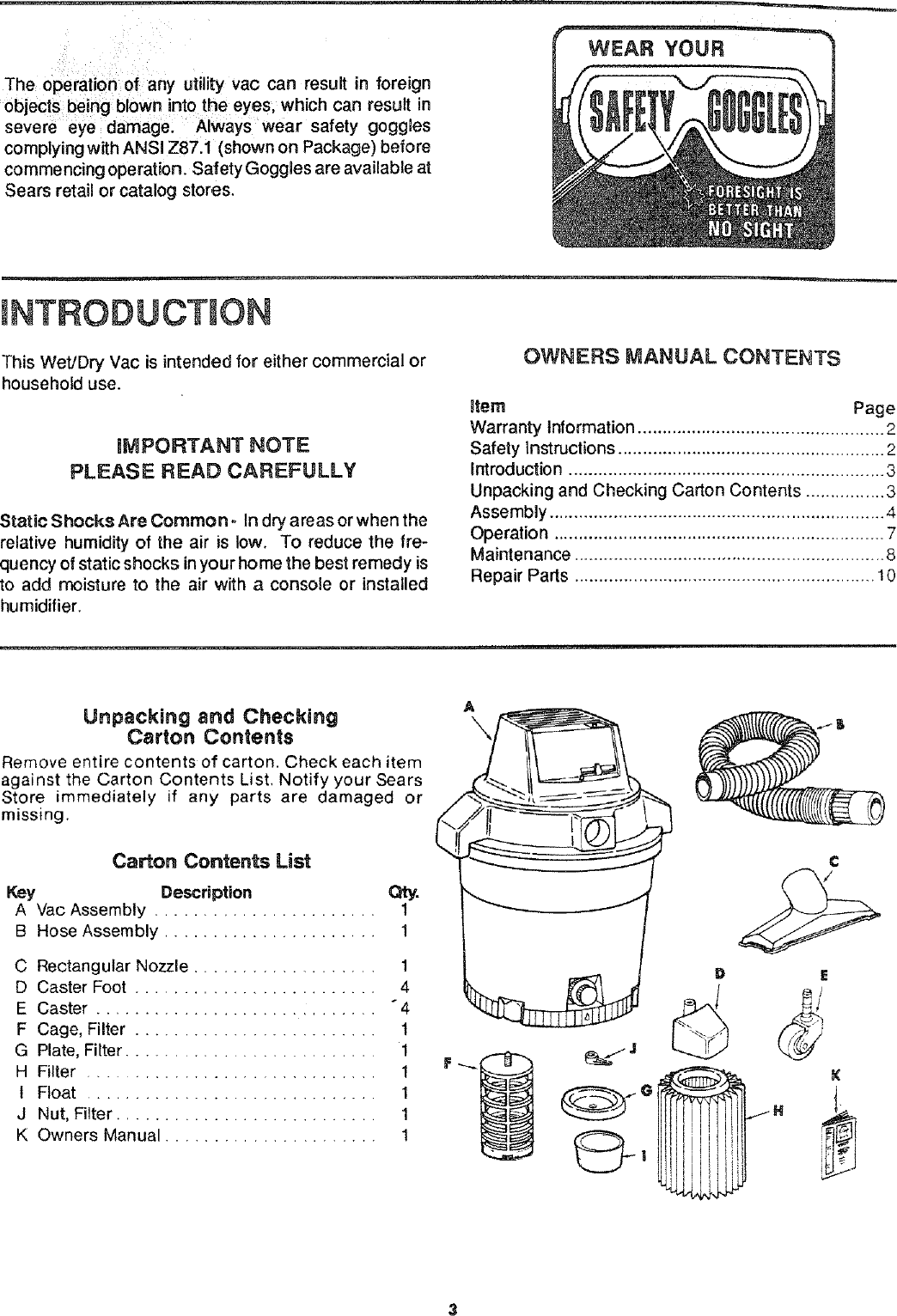 Page 3 of 12 - Craftsman 113179490 User Manual  16 GALLON ELECTRONIC WET-DRY VAC - Manuals And Guides L0801904