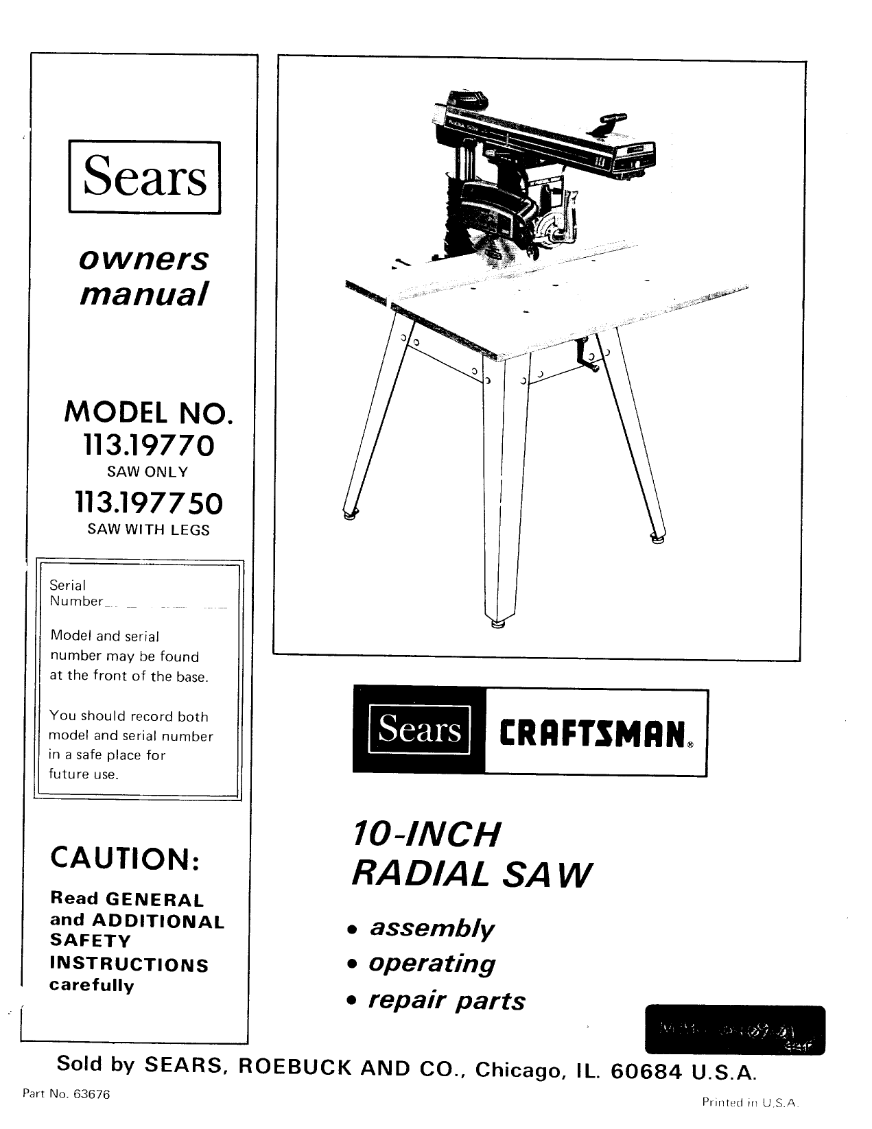 Details about   Craftsman 10" inch 113.278541C Radial SAW Owners Manual Assembly Operator Repair 