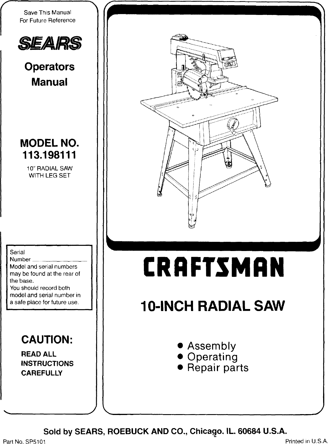 Sears Craftsman  Radial Arm Saw Manual No.113.198611 