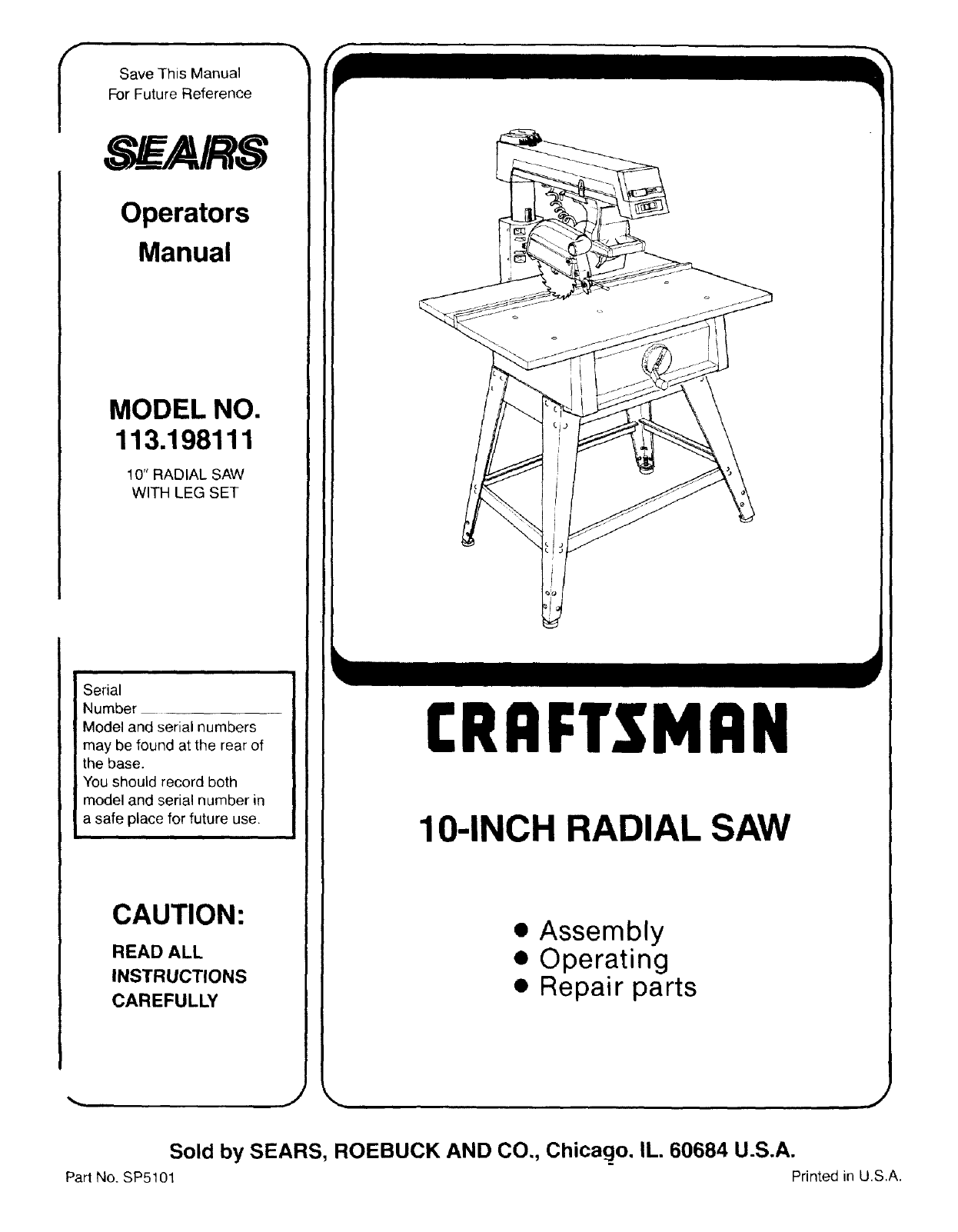 Craftsman 113198111 User Manual 10 Inch Radial Saw Manuals And Guides L0803530