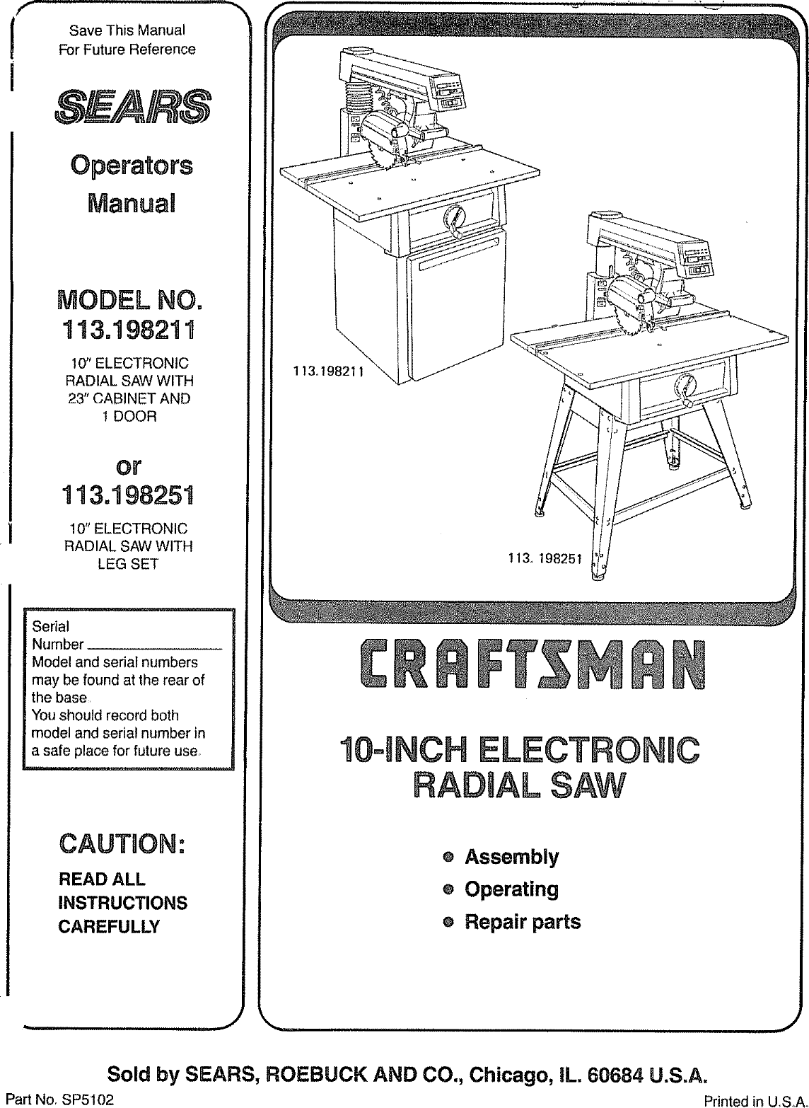 Craftsman Radial Arm Saw 100 Operators Manual