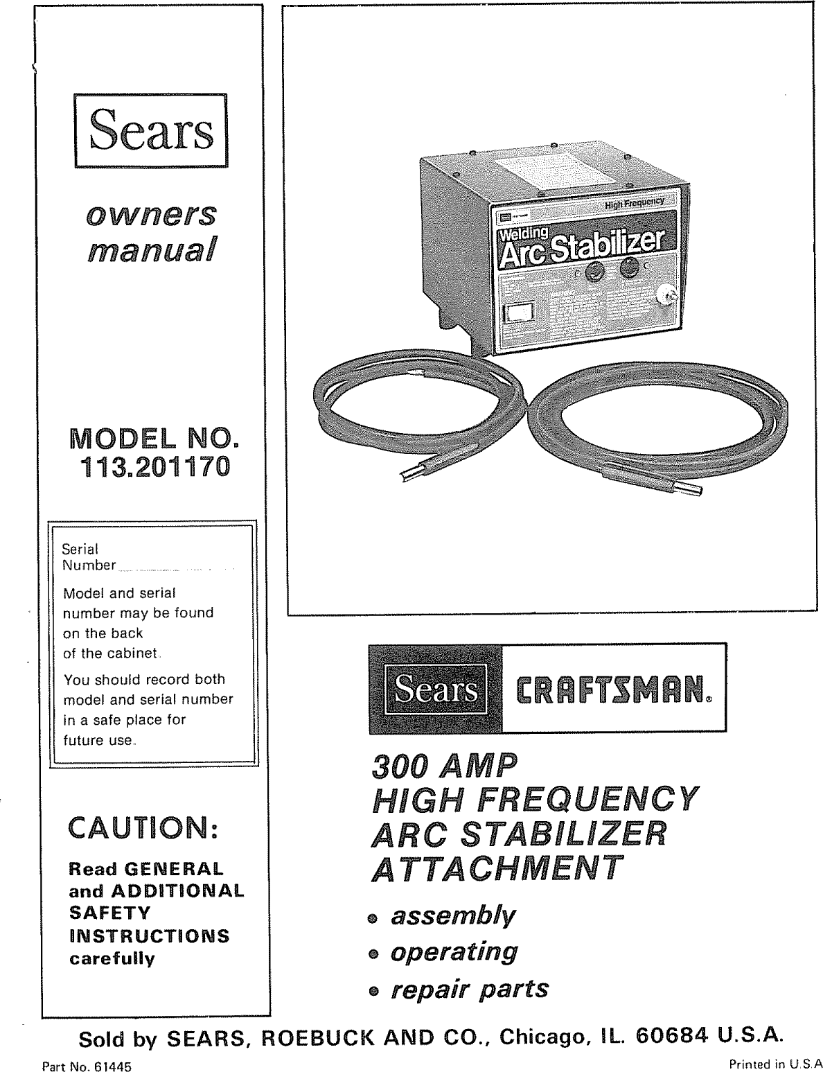 Craftsman 113201170 User Manual 300 AMP HIGH FREQUENCY ARC STABILIZER ...