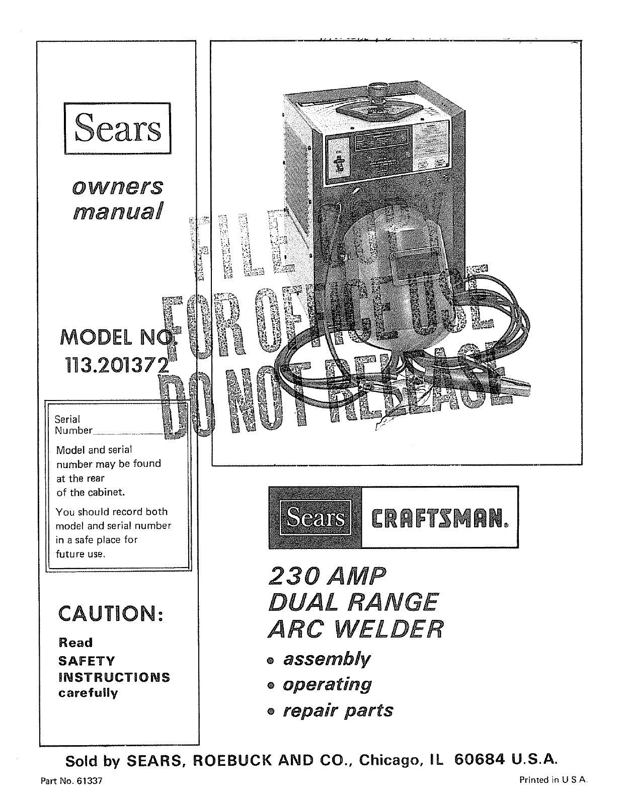 Craftsman 113201372 User Manual 230 AMP WELDER Manuals And Guides L0807090