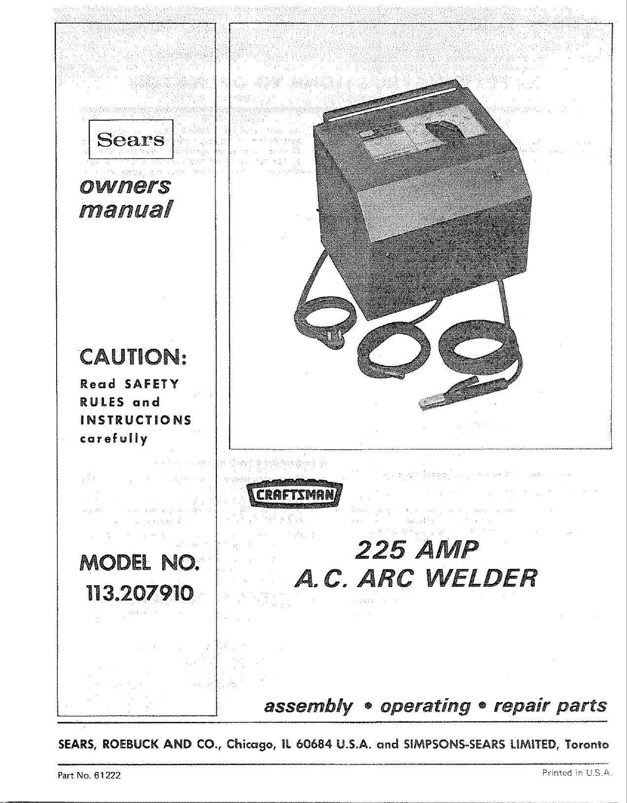 Craftsman 113207910 User Manual 225 AMP A.C. ARC WELDER Manuals And ...