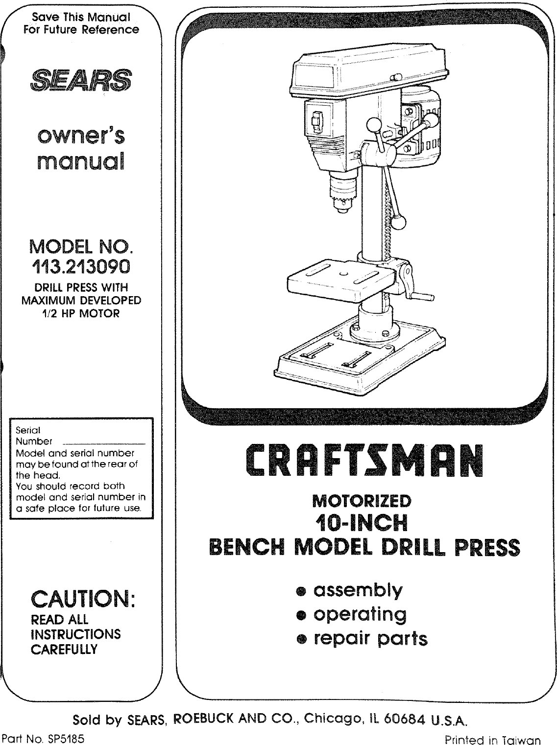 Craftsman 113213090 User Manual DRILL PRESS Manuals And Guides L0803615