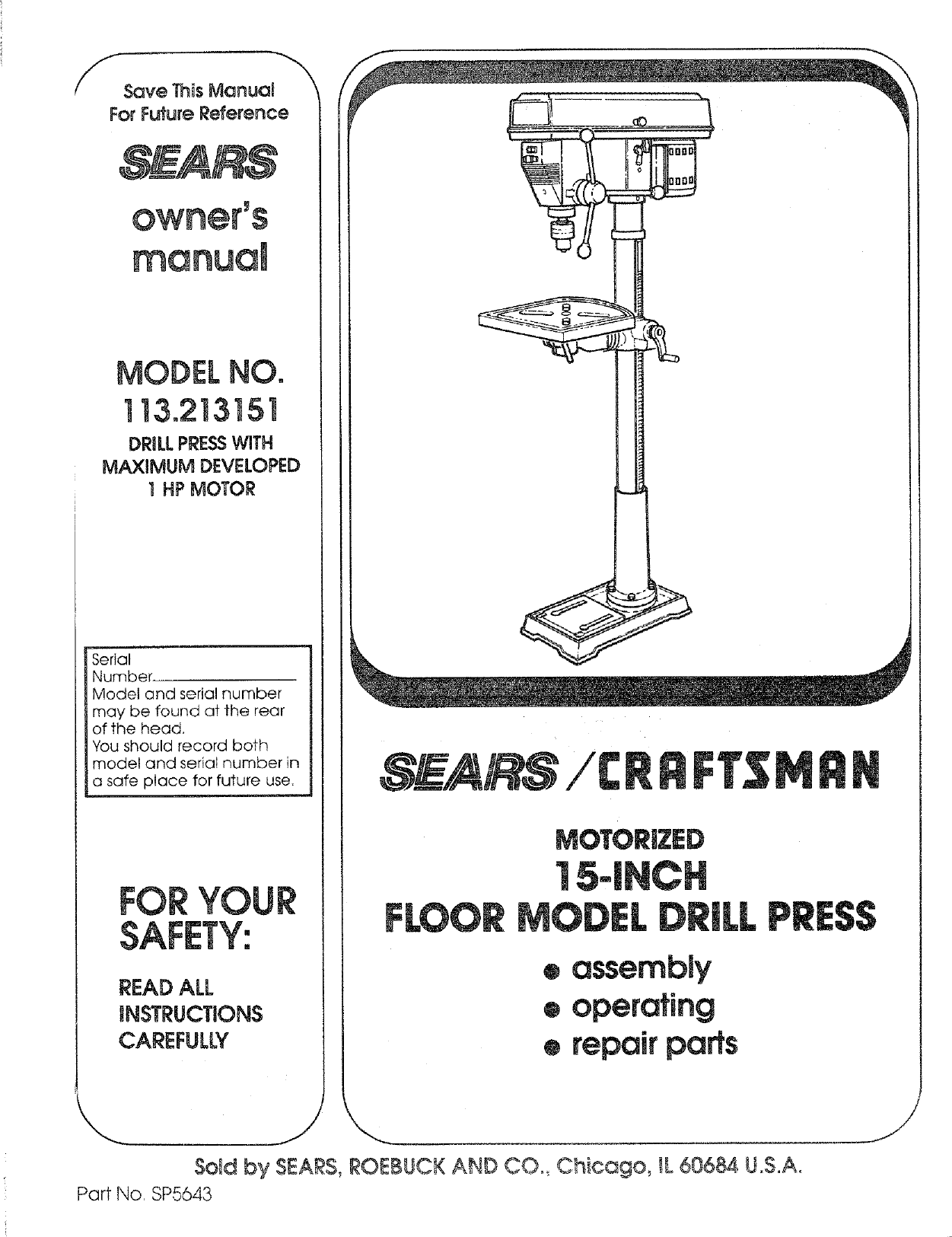 Craftsman 113213151 User Manual 15 FLOOR DRILL PRESS Manuals And Guides