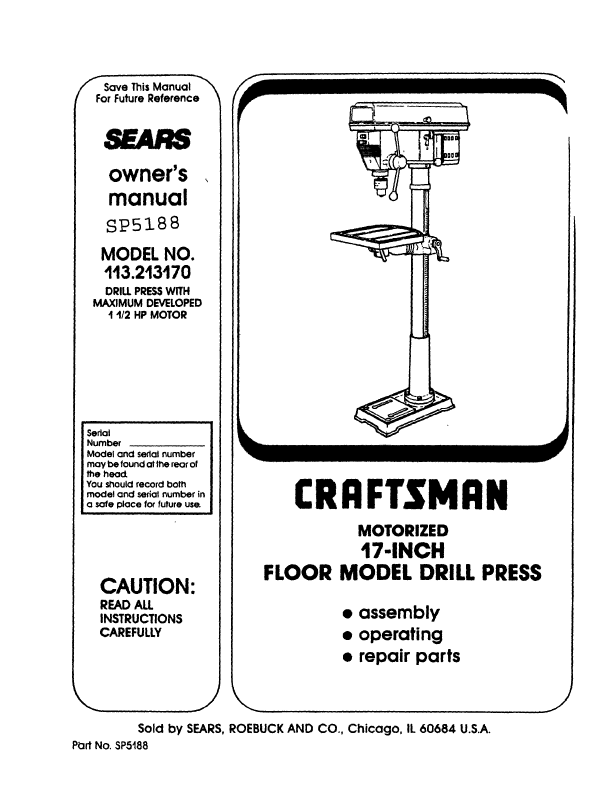 Craftsman 113213170 User Manual 17 DRILL PRESS Manuals And Guides 1301300L