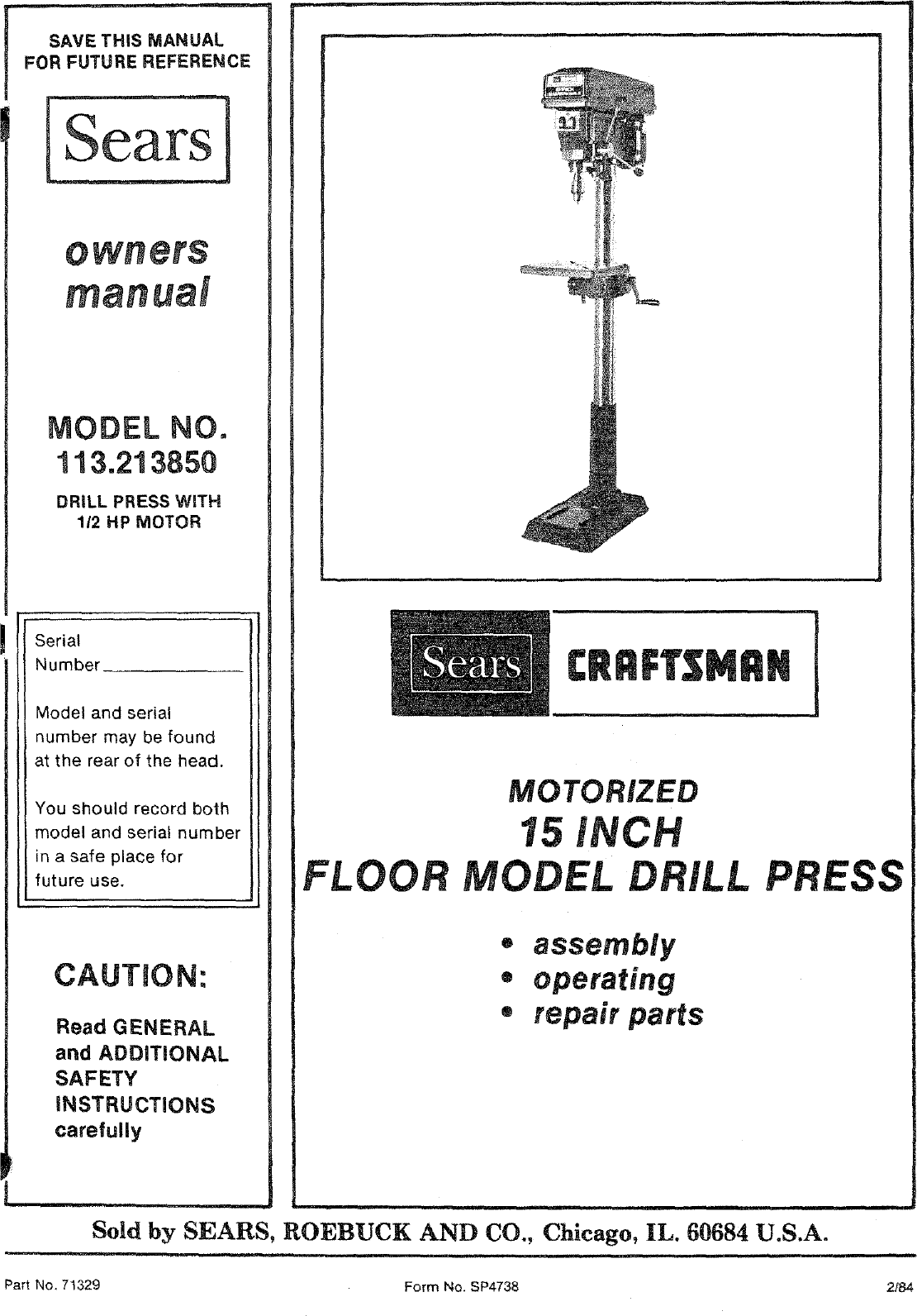 CRAFTSMAN Drill Press Handbook Operator's Manual 0792 