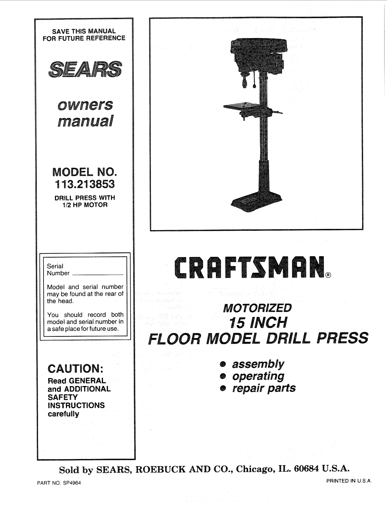 Craftsman 113213853 User Manual 15 DRILL PRESS Manuals And Guides L0906092