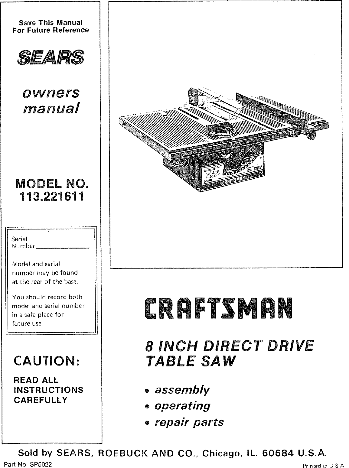 Craftsman 113221611 User Manual 8 IN. DIRECT DRIVE TABLE SAW Manuals