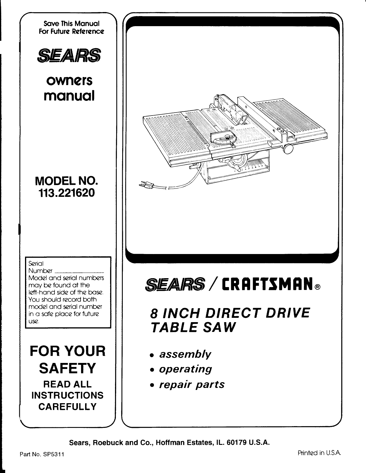 Craftsman 113221620 User Manual TABLE SAW Manuals And Guides L0906498
