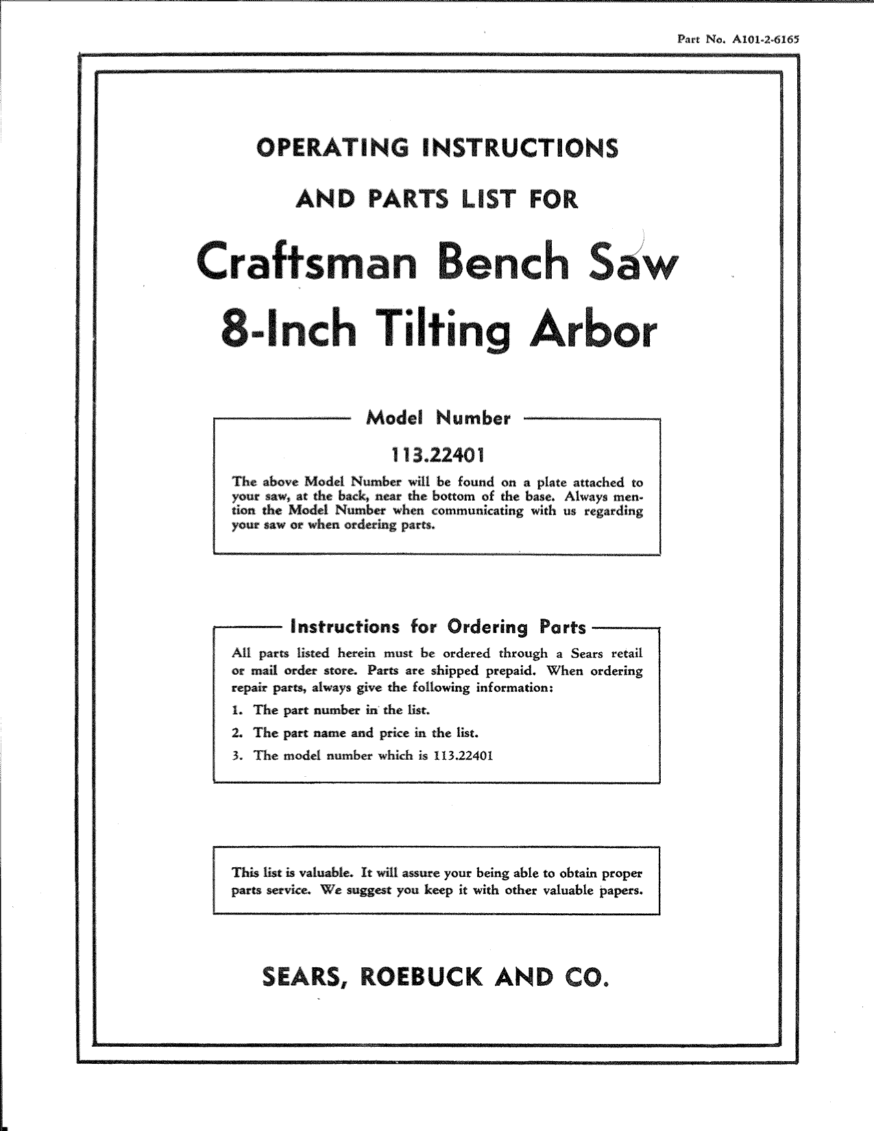 Page 1 of 6 - Craftsman 11322401 User Manual  BENCH SAW/TILTING ARBOR - Manuals And Guides L1005336