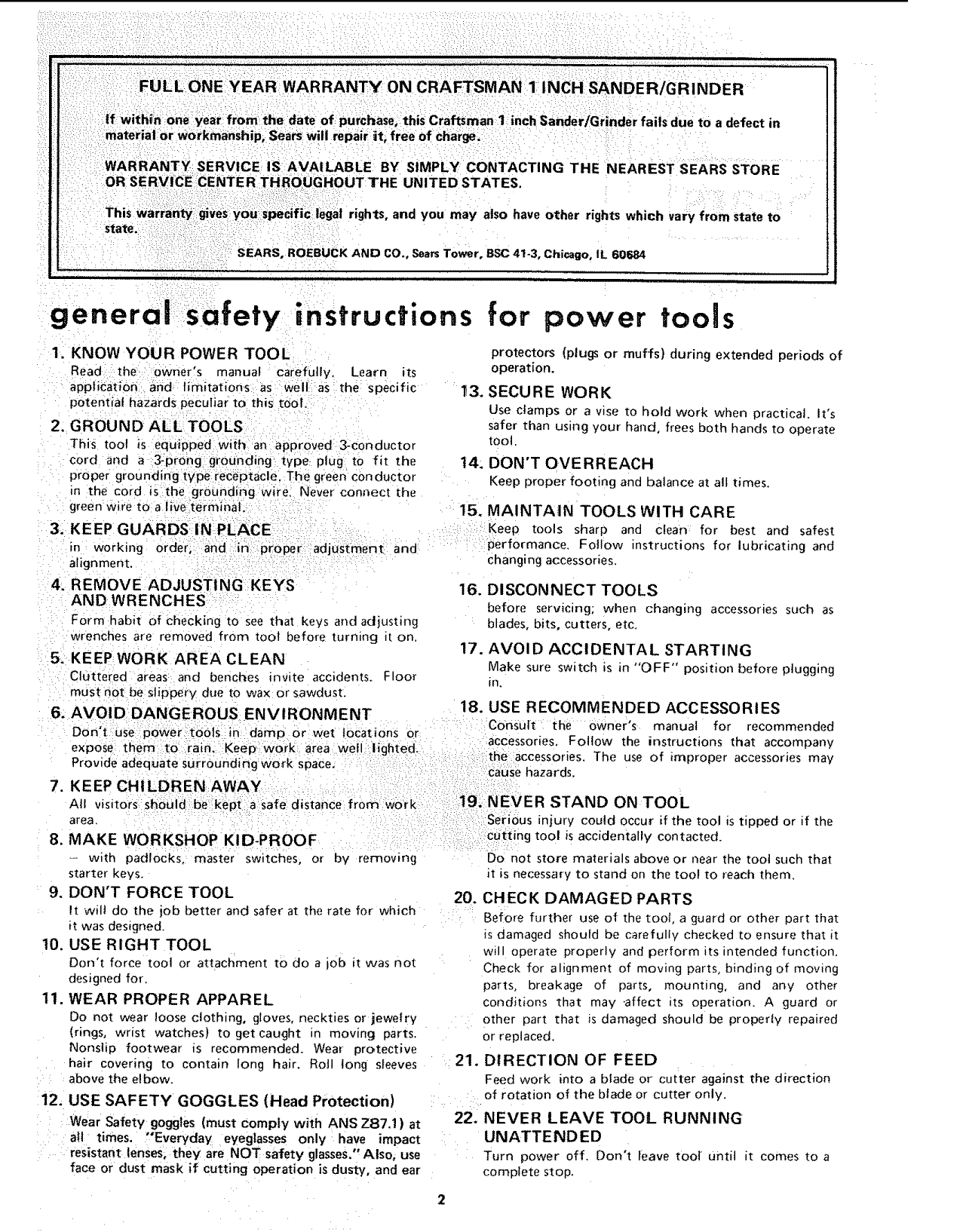 Page 2 of 12 - Craftsman 11322560 1102165L User Manual 1 INCH SANDER GRINDER  - Manuals