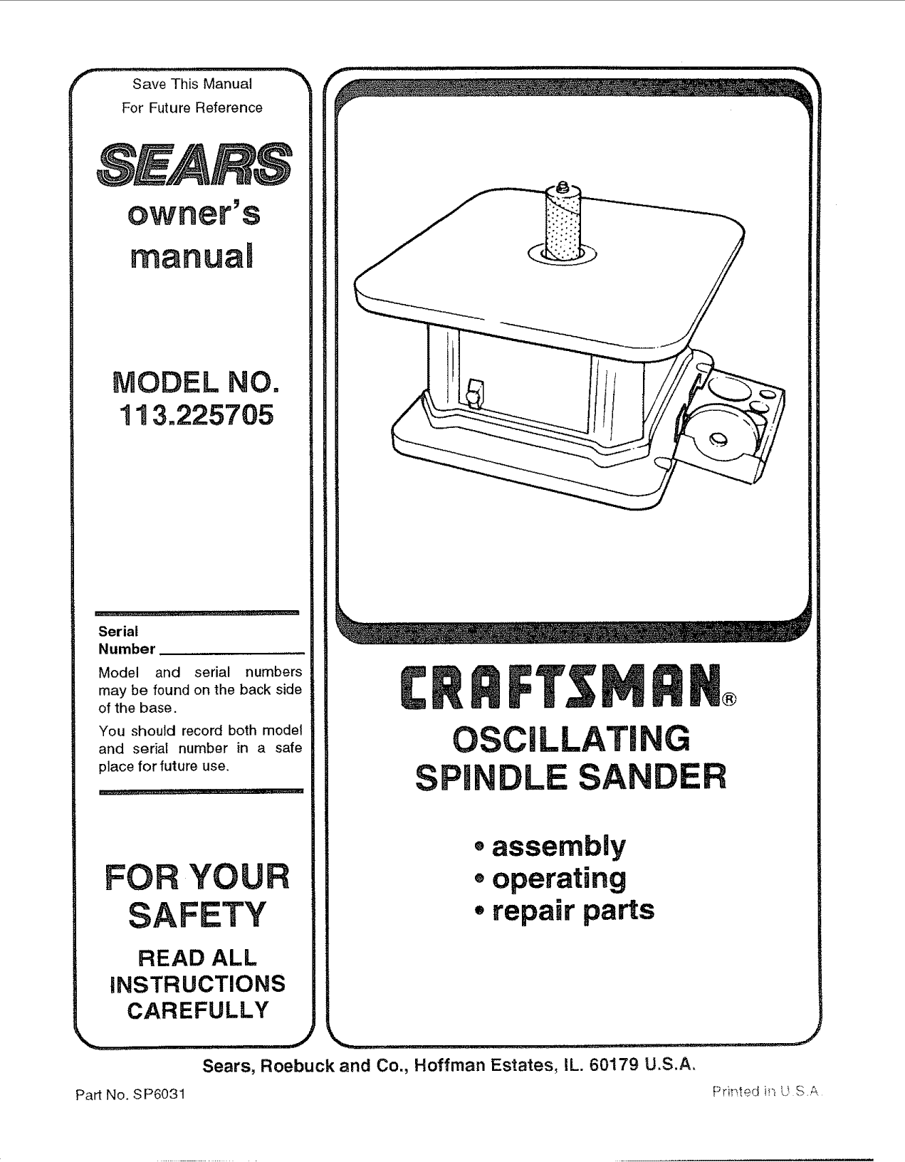 Craftsman 113225705 User Manual OSCILLATING SPINDLE SANDER Manuals And Guides L0901089