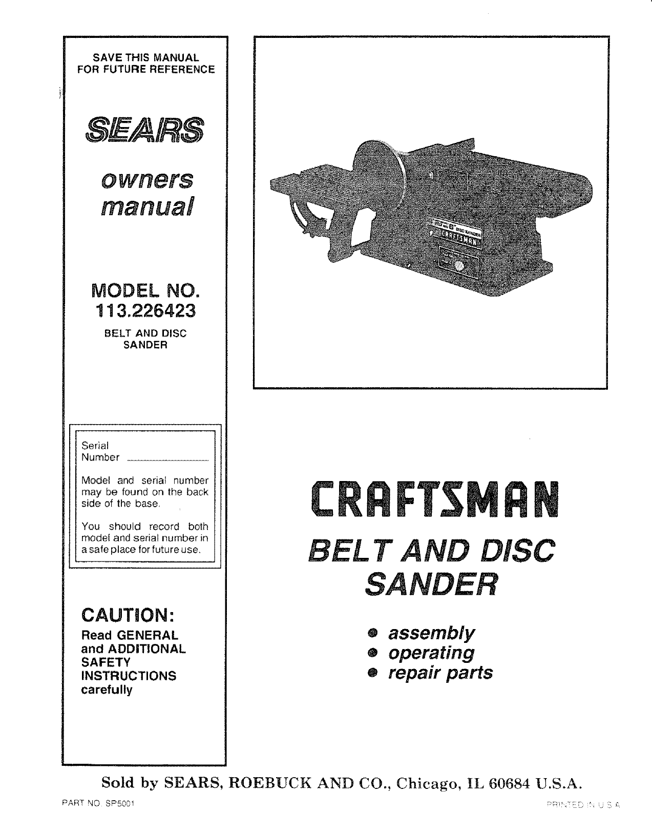 Craftsman 113226423 User Manual BELT AND DISC SANDER Manuals Guides ...