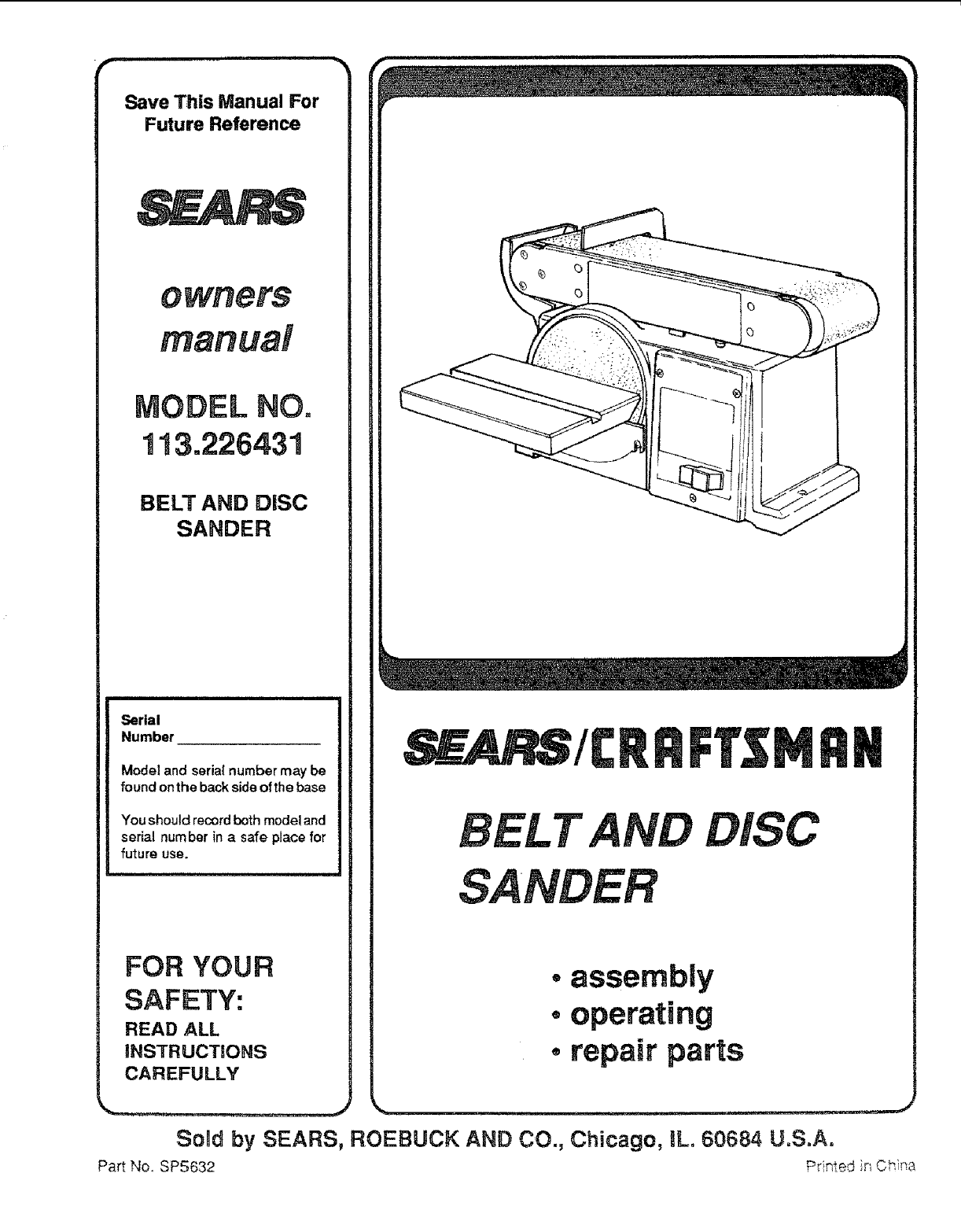 Craftsman 113226431 User Manual BELT AND DISC SANDER Manuals Guides