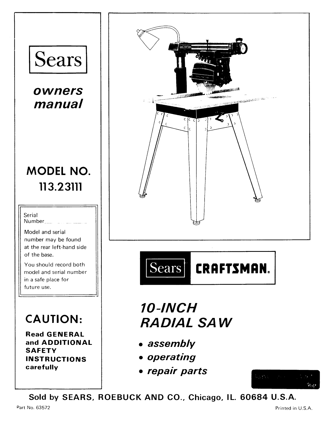 Details about   Craftsman 10" inch 113.278551C Radial SAW Owners Manual Assembly Operator Repair 