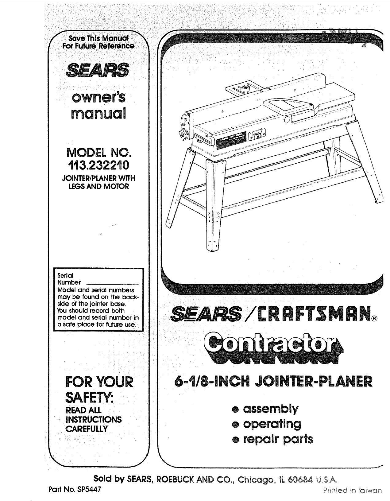 CRAFTSMAN 4 3/8" Jointer 103.23340 Instructions & Parts Manual 0185 