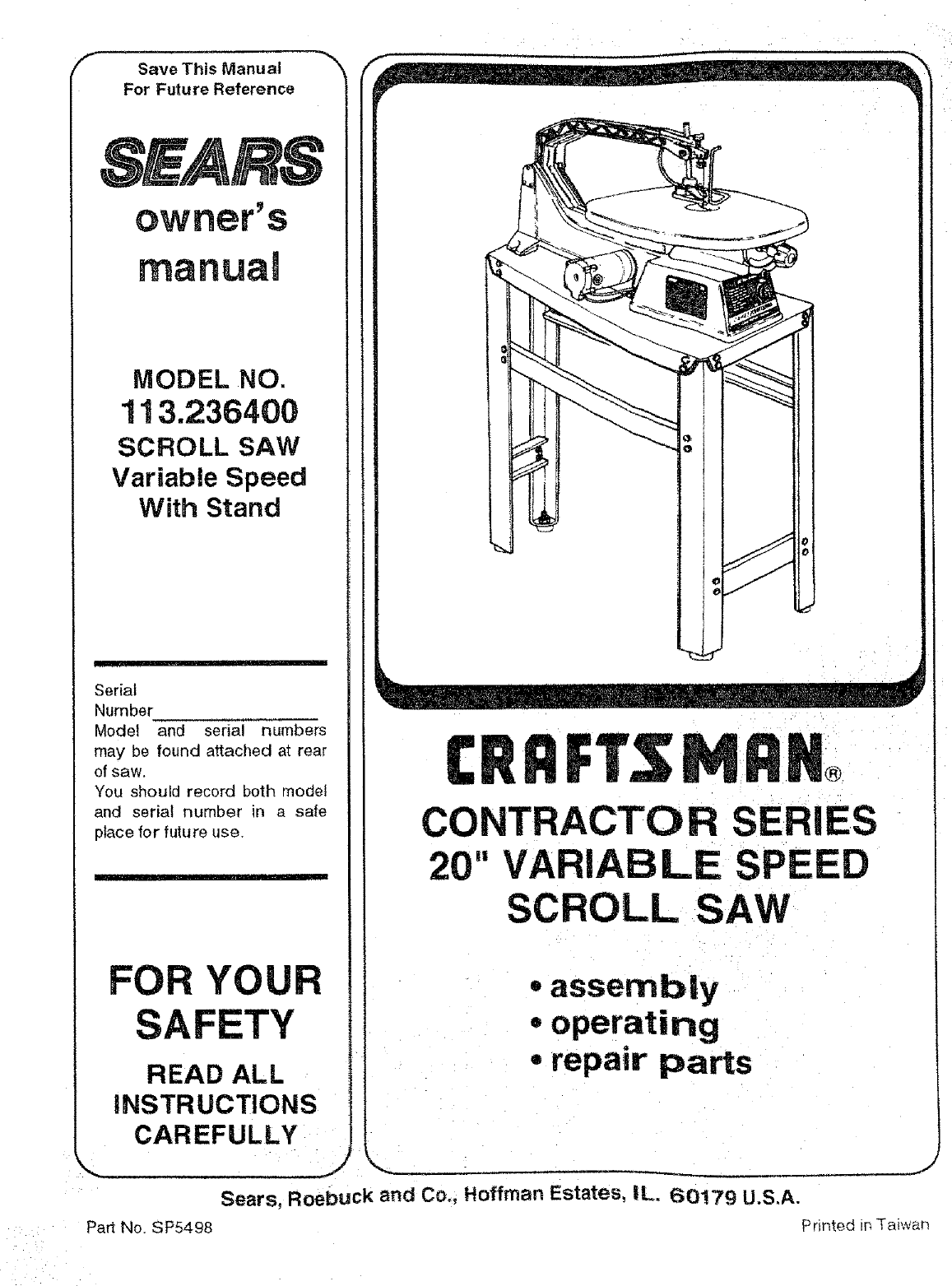 Craftsman 113236400 User Manual SCROLL SAW Manuals And Guides L0804184