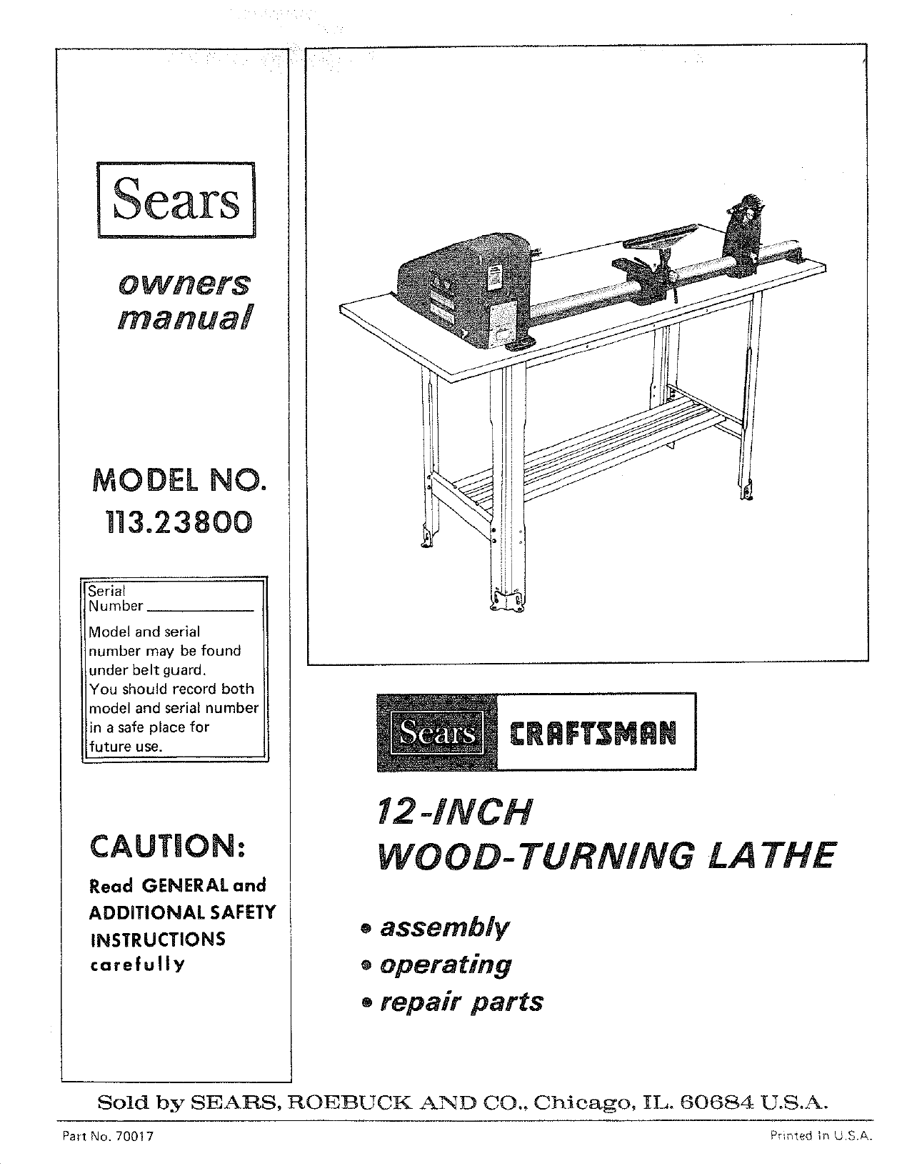 Craftsman 11323800 User Manual 12 INCH WOOD TURNING LATHE Manuals And