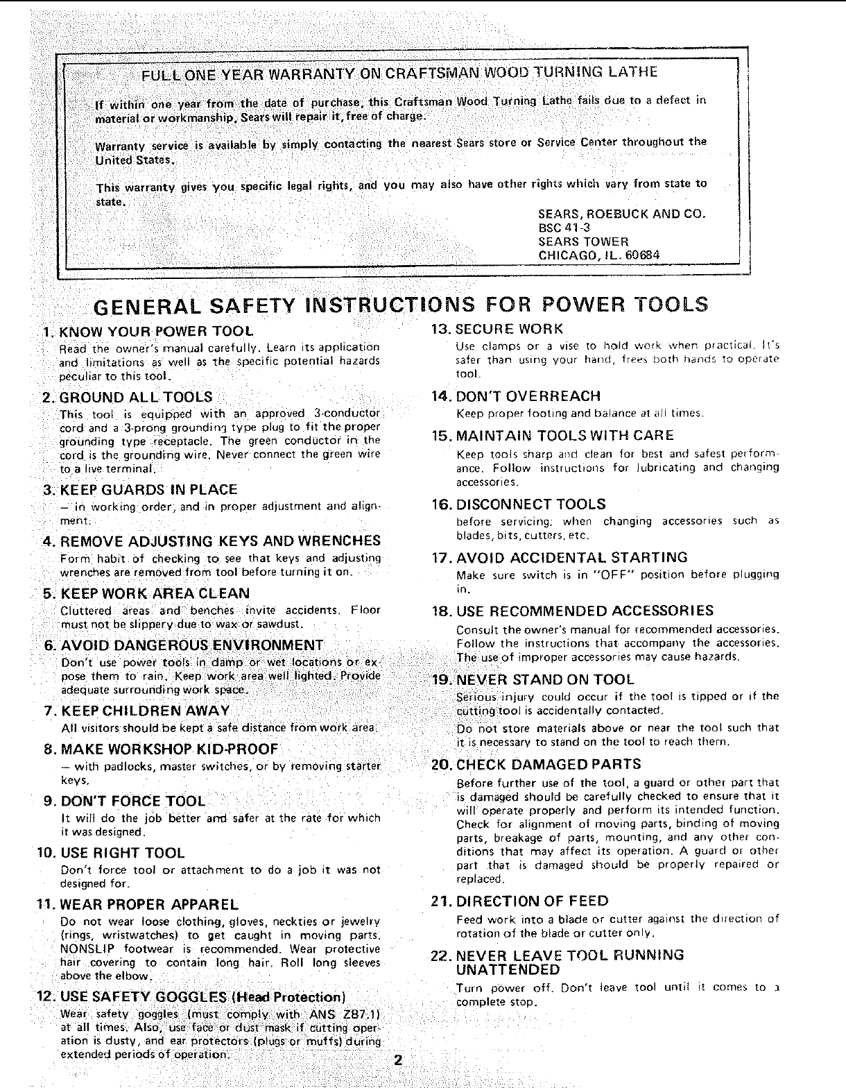 Craftsman 11323800 User Manual 12 INCH WOOD TURNING LATHE Manuals And