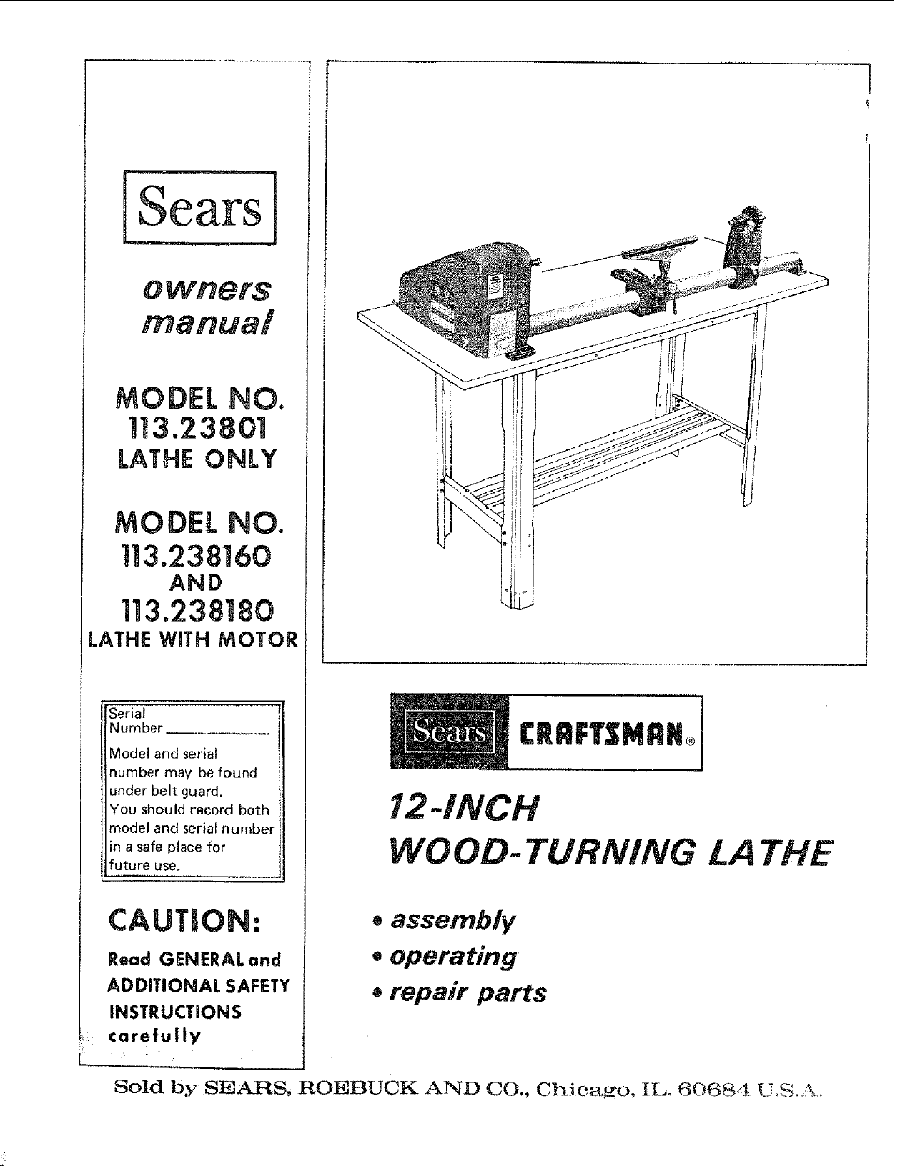 Sears Craftsman Wood Metal Lathe Owners Manual 113.228000 