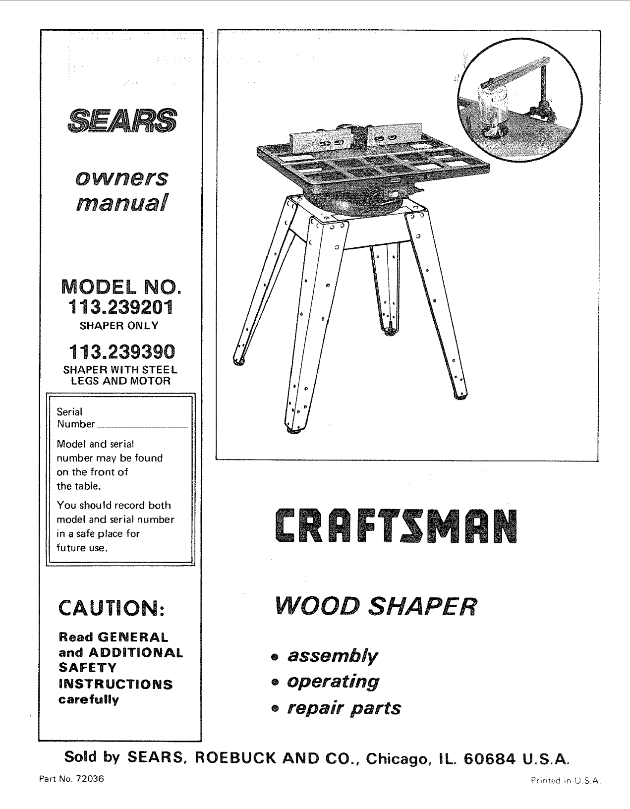1975 Craftsman 113.23941  Wood Shaper Instruction manual FREE SHIPPING 
