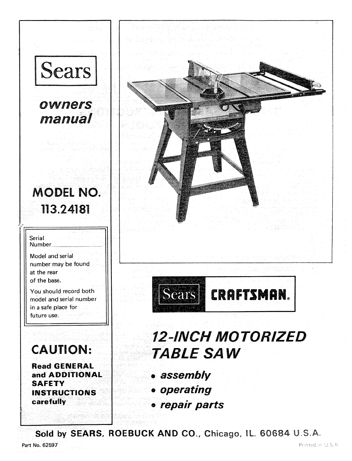 Sears Craftsman  Table Saw Manual Model # 103.0214 