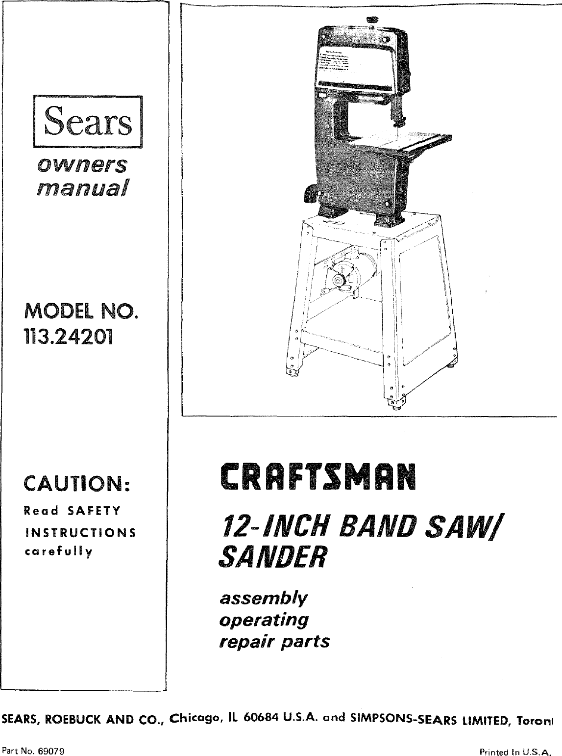 Craftsman 11324201 User Manual 12 INCH BAND SAW Manuals And Guides L0801110