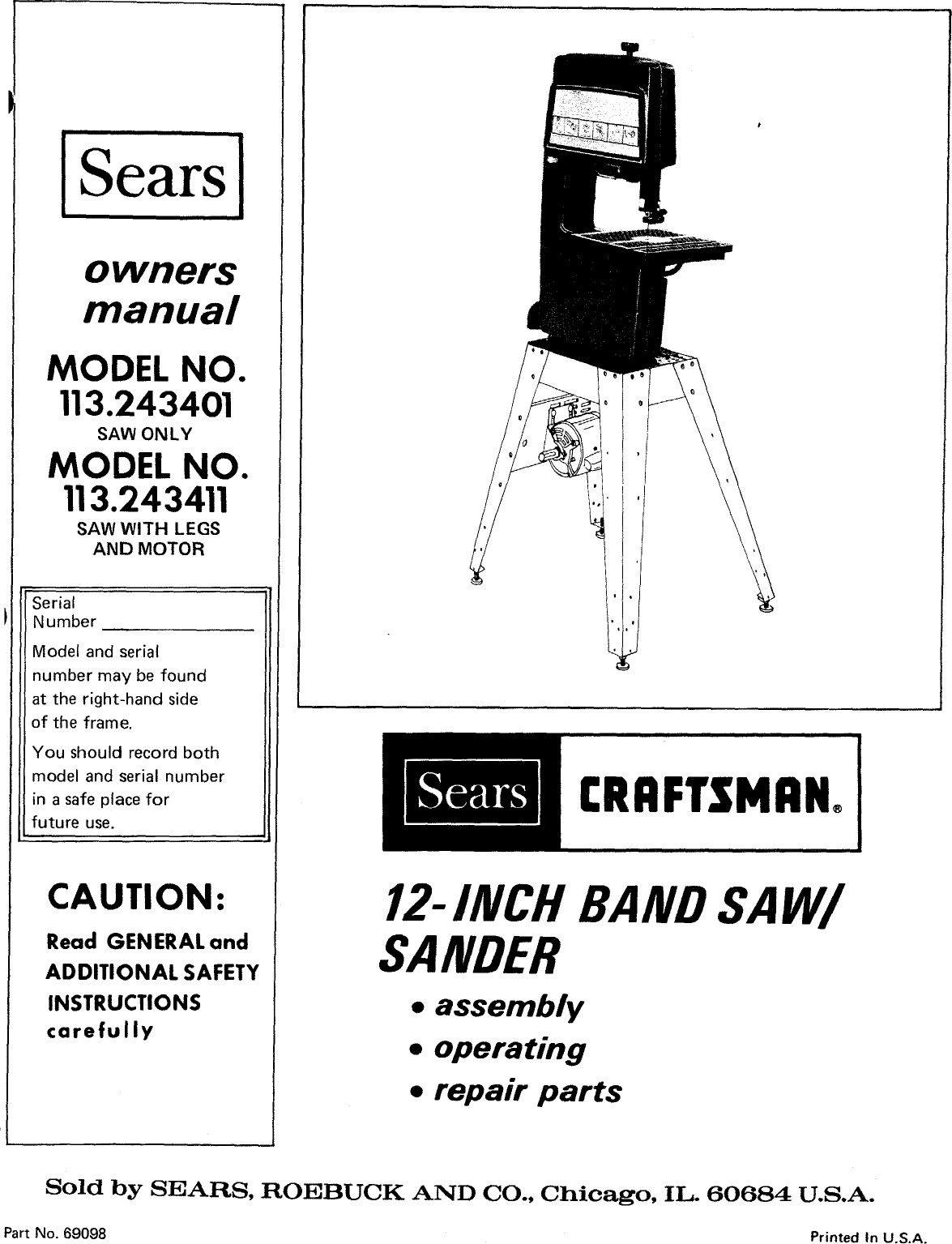 SEARS CRAFTSMAN 12 INCH BAND SAW OWNERS MANUAL 102.01121 12" 