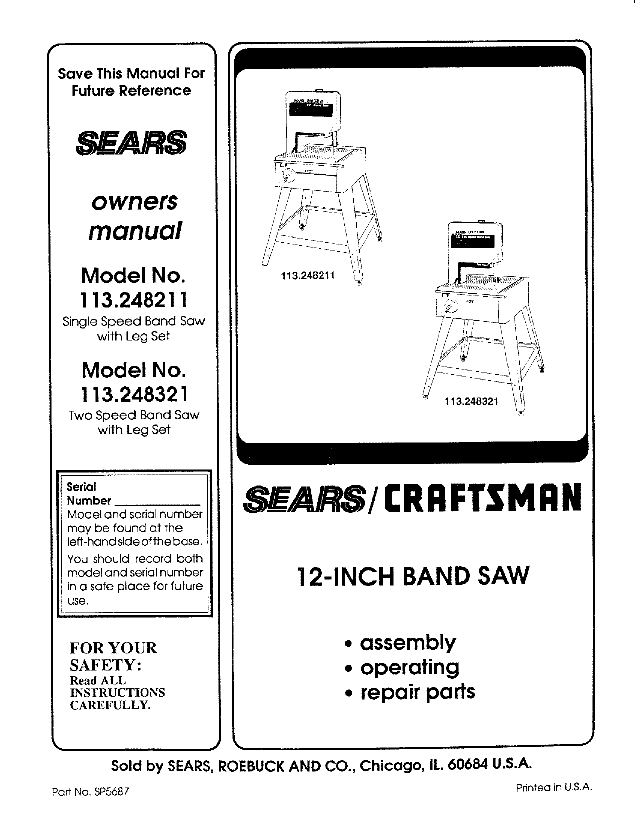 Craftsman 113248211 User Manual 12 BAND SAW Manuals And Guides L0709235