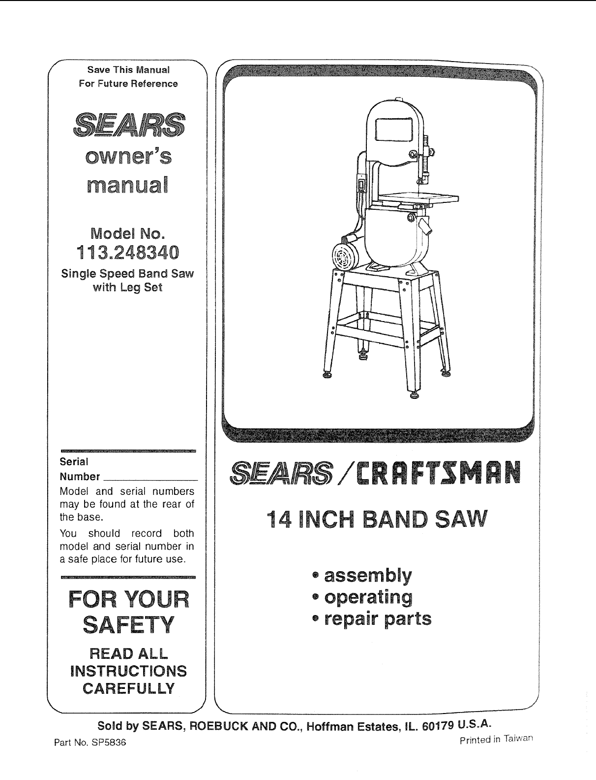 Craftsman 113248340 User Manual 14 INCH BAND SAW Manuals And Guides