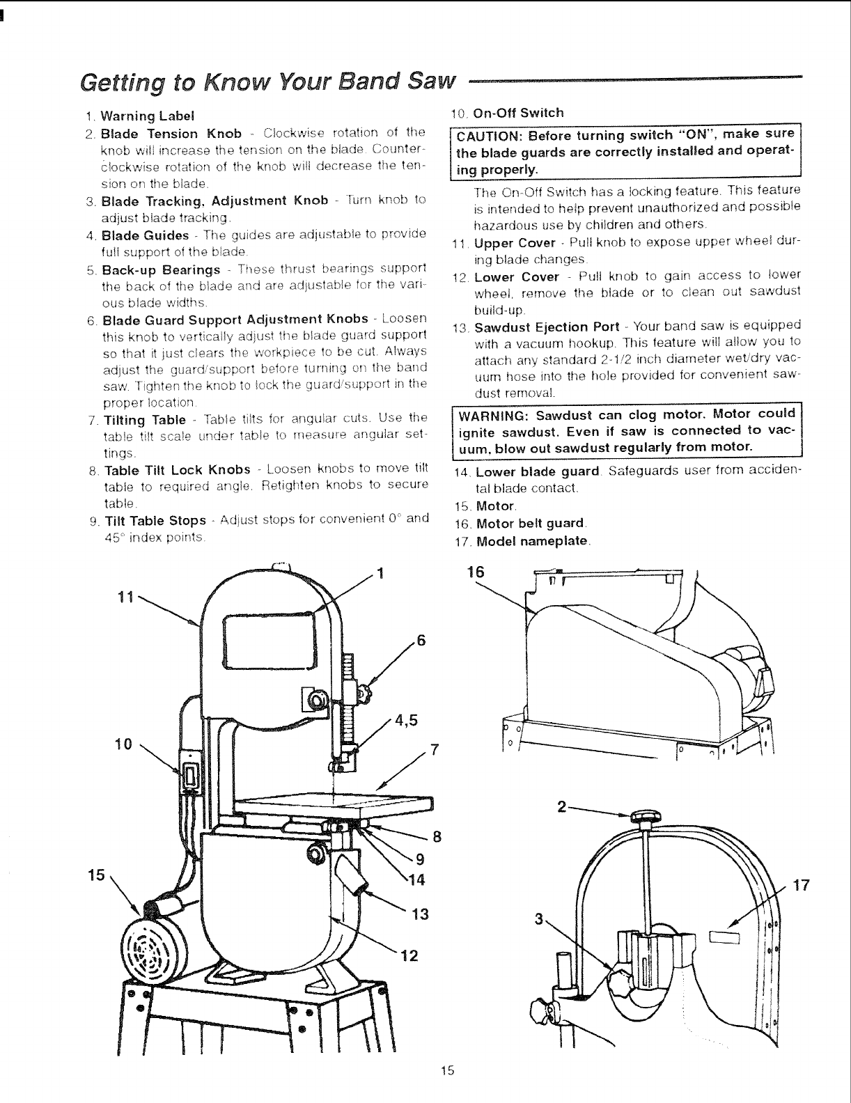 "' ' II I IIIIi .......
Mounting the Table
t, From the loose parts find the following items:
_em Description Qty.
A Table i
B Knobs 2
A
[1111111 !llq' I [ I I I' I IJ I I_ ' ' IIII II" ii ,I
2, To mount table, remove table insert and tat)le pin from
the tabte_ Guide sawblade through slot in table and
place table screws into trunnions,. Attach and lock with
lock knobs,
WARNING: Unit is shipped with blade in stalled.
Do not plug in or operate unit unless the blade
is adjusted and aligned per section titled
changing blades.
3 Reptace table insert and table pin,
4. Transportation and handlirtg may have caused some
fasteners to loosen. Before operating, check all
screws bolts and nuts to make sure they are snug.
Operate machine only after reading the entire manual
including blade tracking, blade guide adjustments, and
safety rules,
L
B
14
![