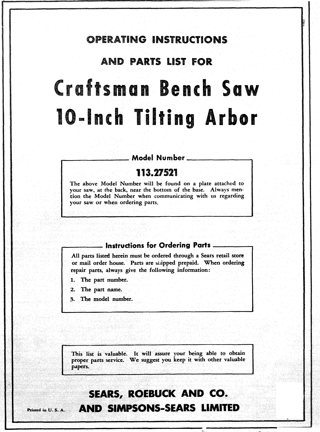 Page 1 of 8 - Craftsman 11327521 User Manual  BENCH SAW 10-INCH TILTING ARBOR. - Manuals And Guides 1008043L