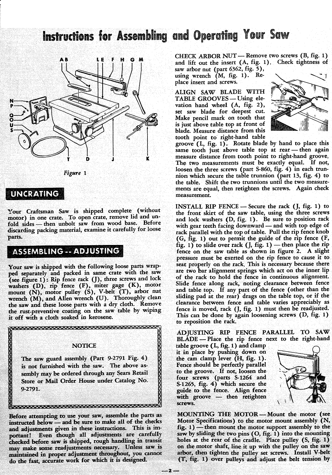 Page 2 of 8 - Craftsman 11327521 User Manual  BENCH SAW 10-INCH TILTING ARBOR. - Manuals And Guides 1008043L