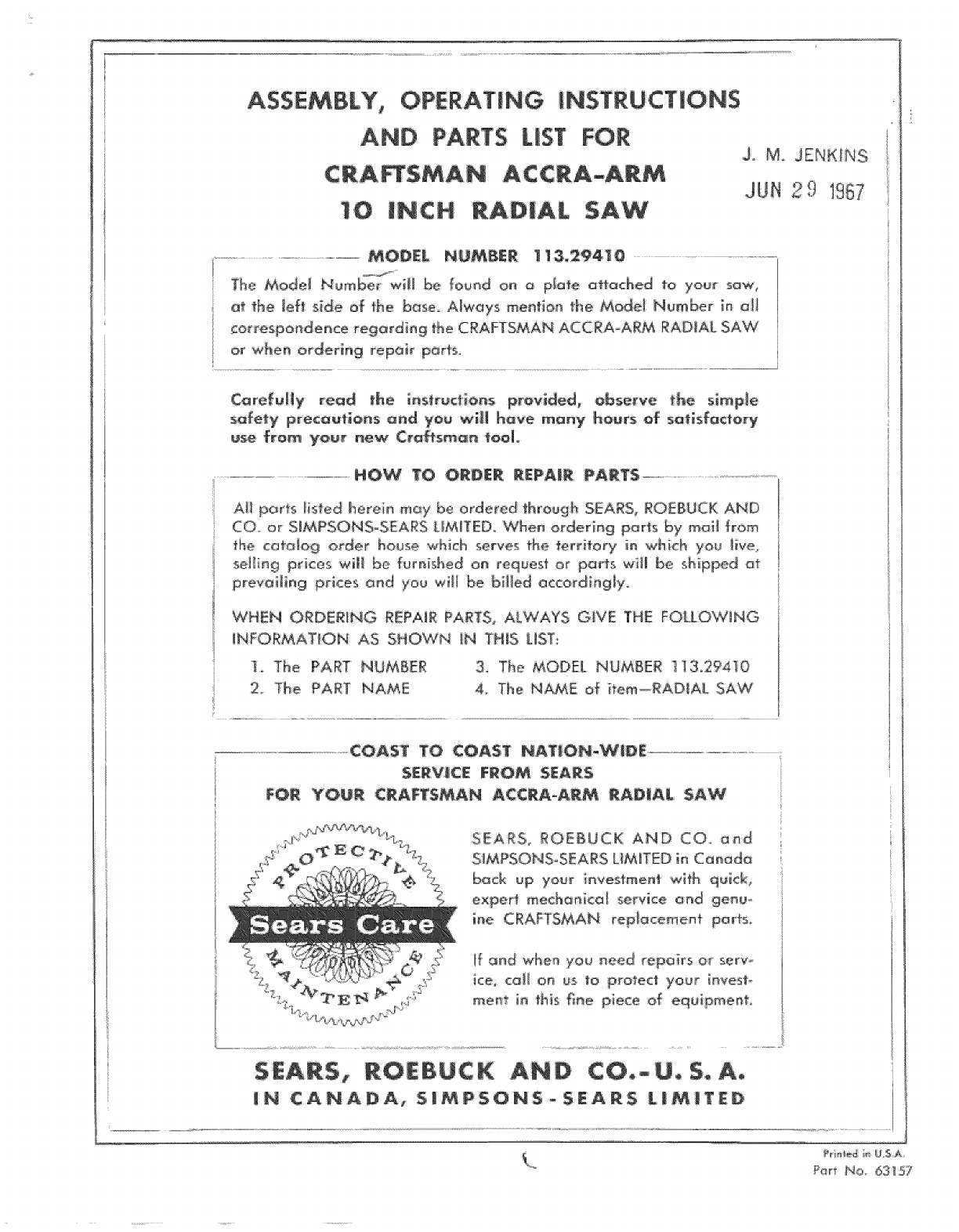Sears Craftsman  Radial Arm Saw Manual No.113.234700