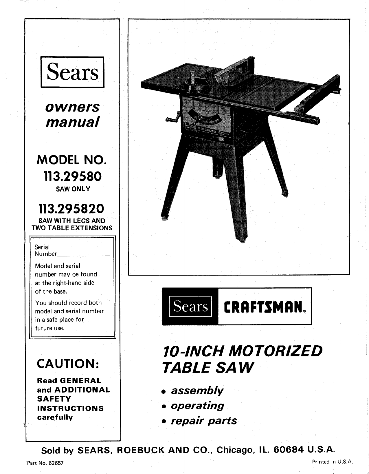 Sears Craftsman  Table Saw Manual Model # 113.226880 