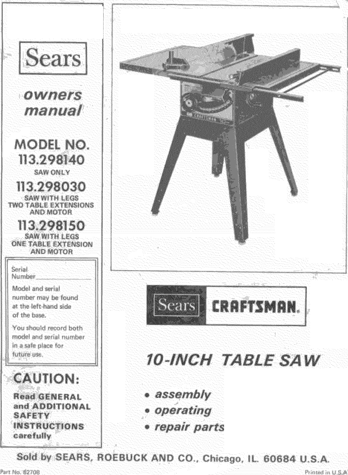 Craftsman 113298030 User Manual 10 INCH TABLE SAW Manuals And Guides