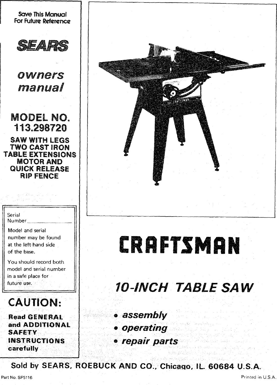 Craftsman 113298720 User Manual 10 INCH TABLE SAW Manuals And Guides