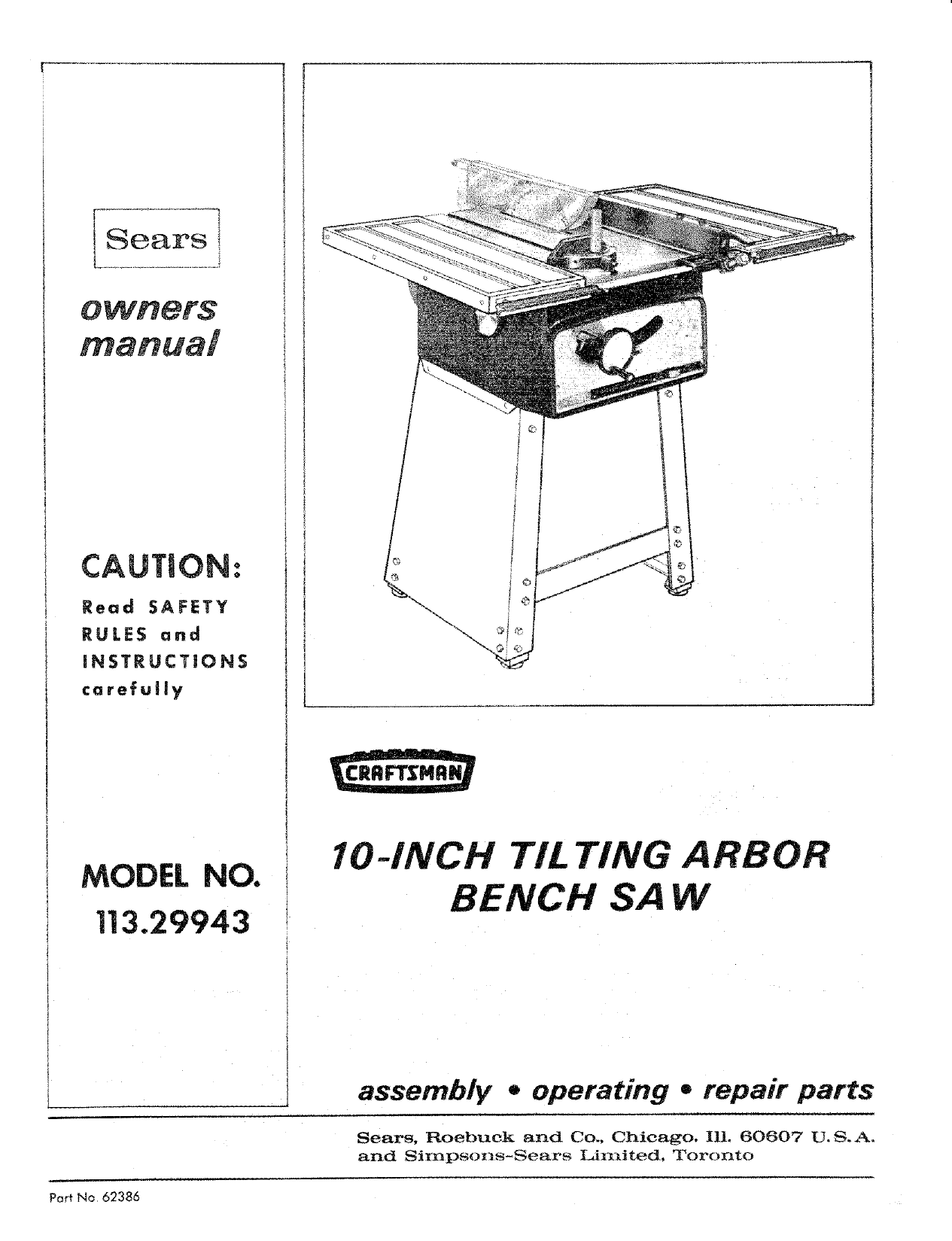 Craftsman 11329943 User Manual 10 INCH TILTING ARBOR BENCH SAW Manuals
