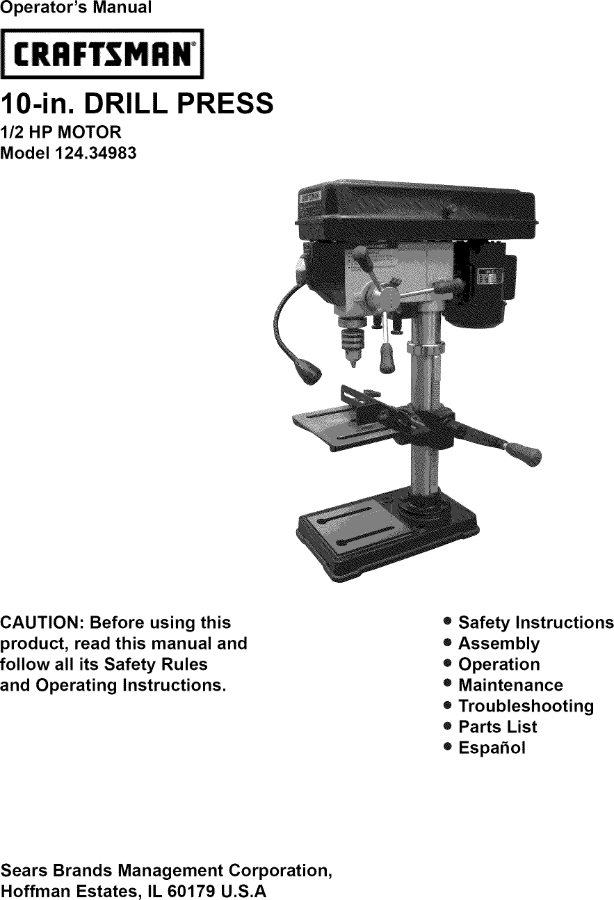 Craftsman 12434983 User Manual DRILL PRESS Manuals And Guides 1402174L