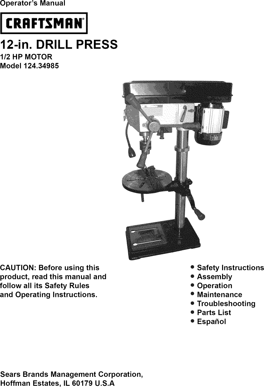 Craftsman 12434985 User Manual DRILL PRESS Manuals And Guides 1301226L