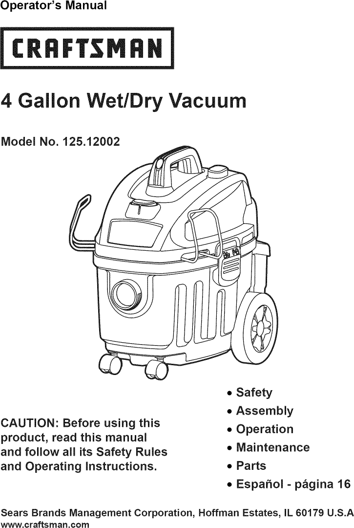 Craftsman 12512002 User Manual WET/DRY VACUUM Manuals And Guides 1311238L