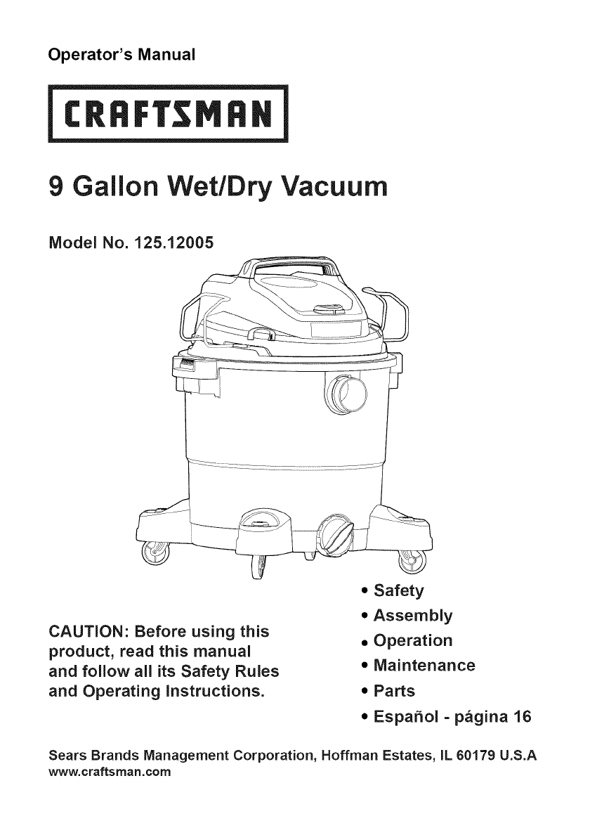 Craftsman 12512005 User Manual WET/DRY VACUUM Manuals And Guides 1311289L