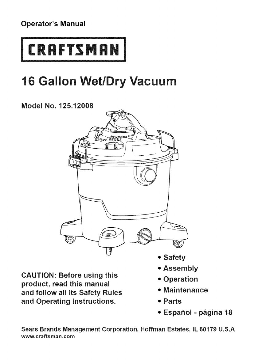 Craftsman 12512008 User Manual WET/DRY VACUUM Manuals And Guides 1310261L