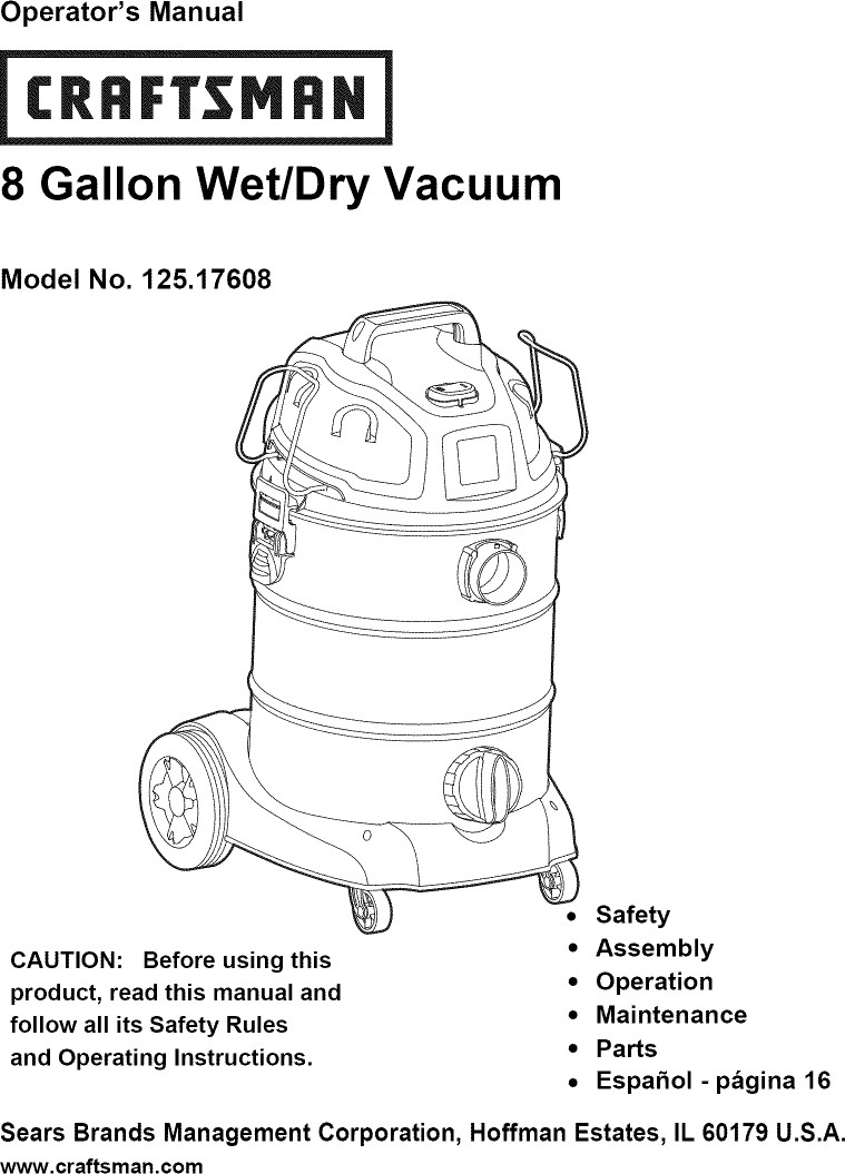 Craftsman 12517608 User Manual WET/DRY VACUUM Manuals And Guides 1312119L