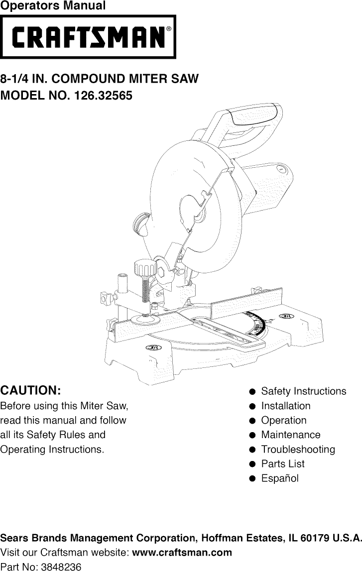 Craftsman 12632565 User Manual MITER SAW Manuals And Guides 1209724L